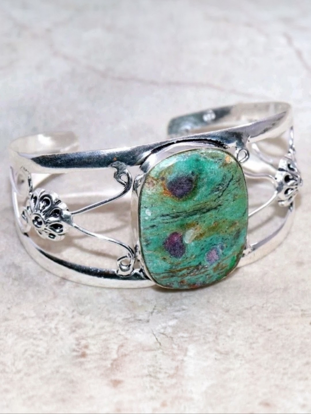 Ruby Fuchsite Gemstone 925 Sterling Silver Handmade Adjustable Cuff Bracelet